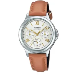 Casio Women's Watch LTP-V300L-7A2UDF – White Dial, Rose Gold Accents, Leather Strap, Multi-Function Subdials